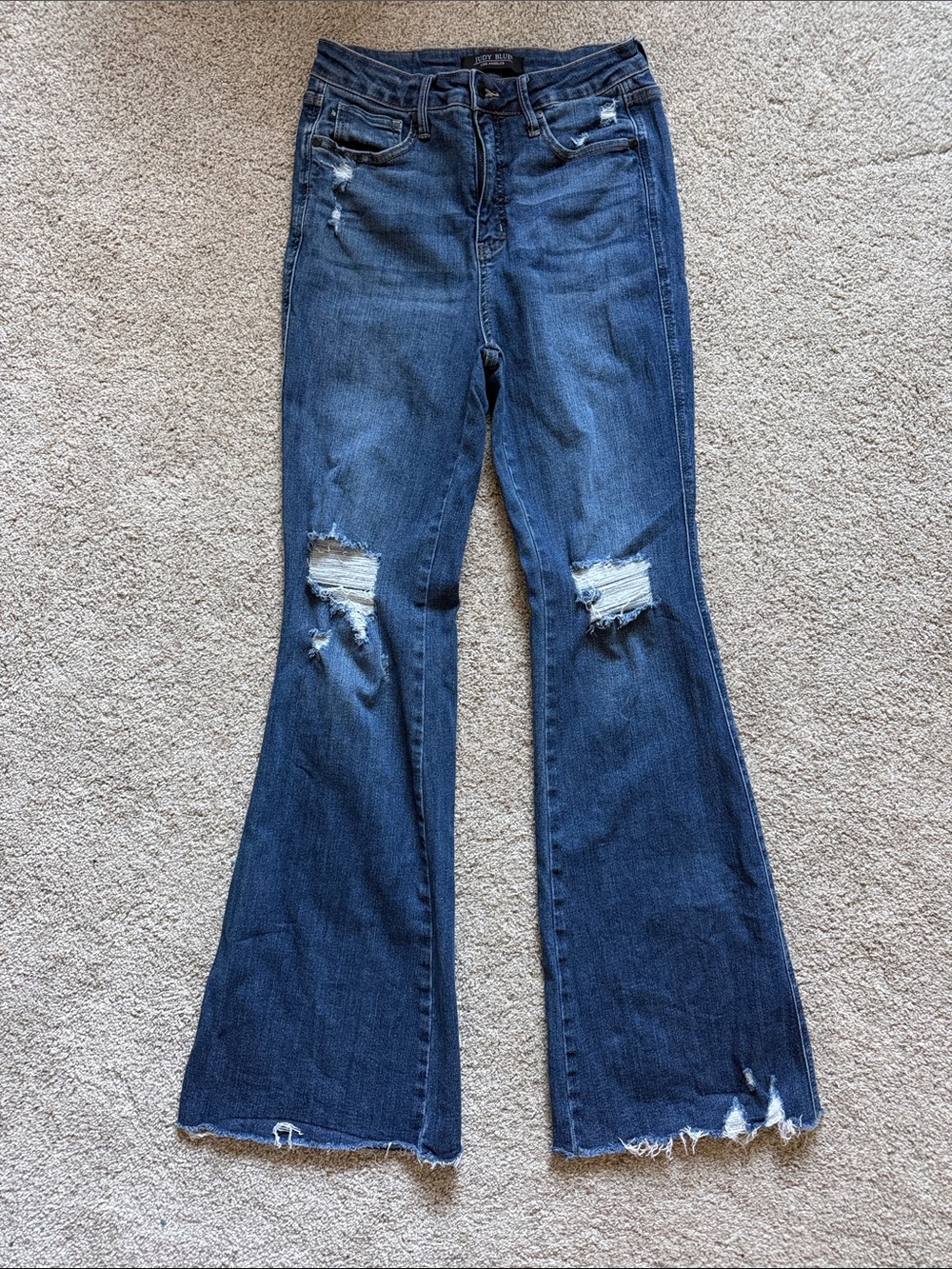 Judy Blue High Rise Distressed Hippy Boho Flare Jeans Raw Hem Medium Wash 7/28